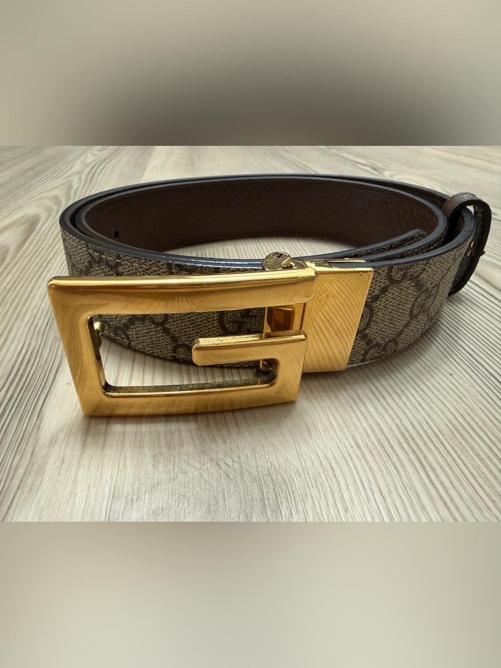 Gucci Brown Monogram Belt with Gold Buckle